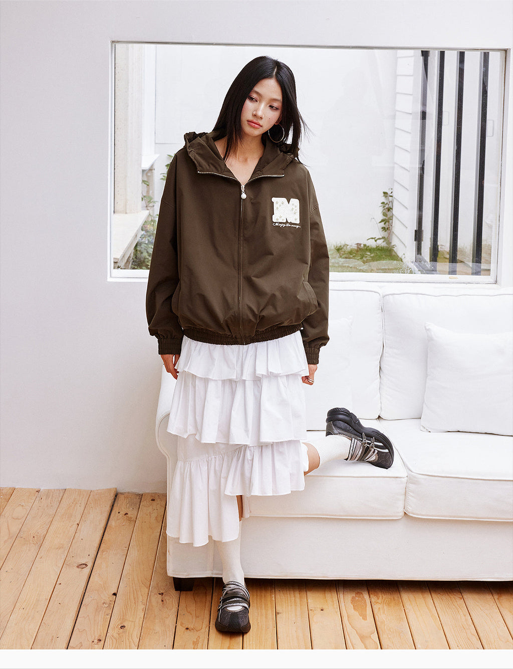 MEDM Pearl Logo Lace Hooded Zip Jacket