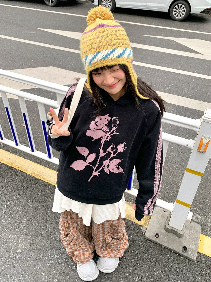 EMPTY REFERENCE Rose Printed Lace Hoodie