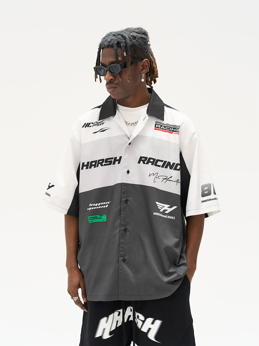 Harsh and Cruel Color Blocking Handwritten Lapel F1 Racing Suit Shirt