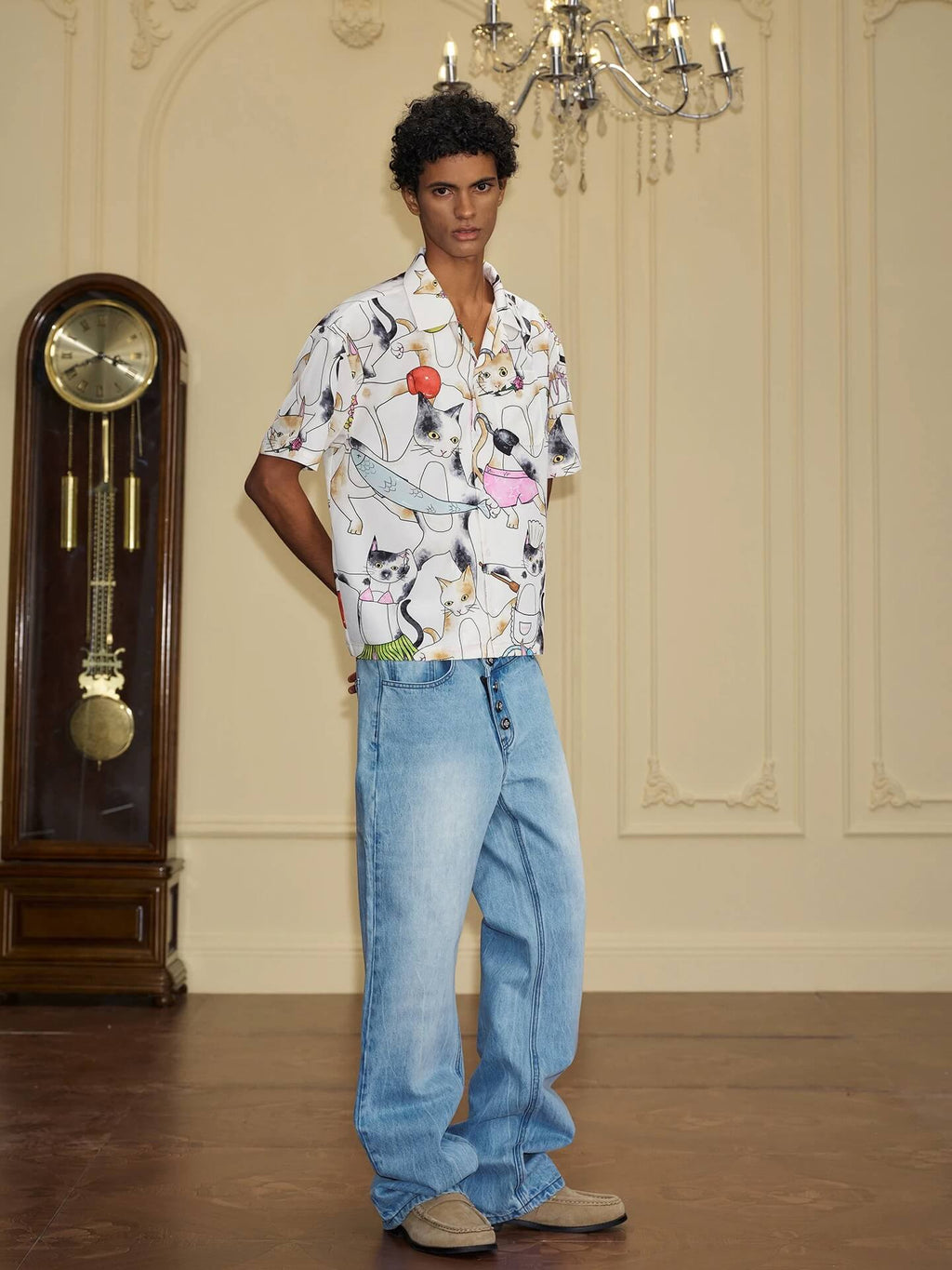 YADcrew All Over Cat Print Short Sleeve Shirt