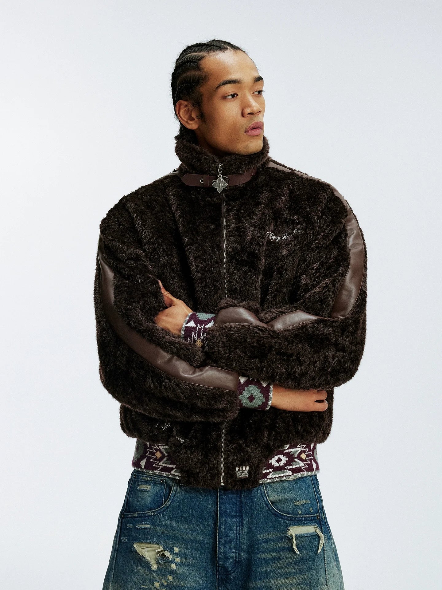 MEDM Ethnic Trim Belted Sherpa Jacket