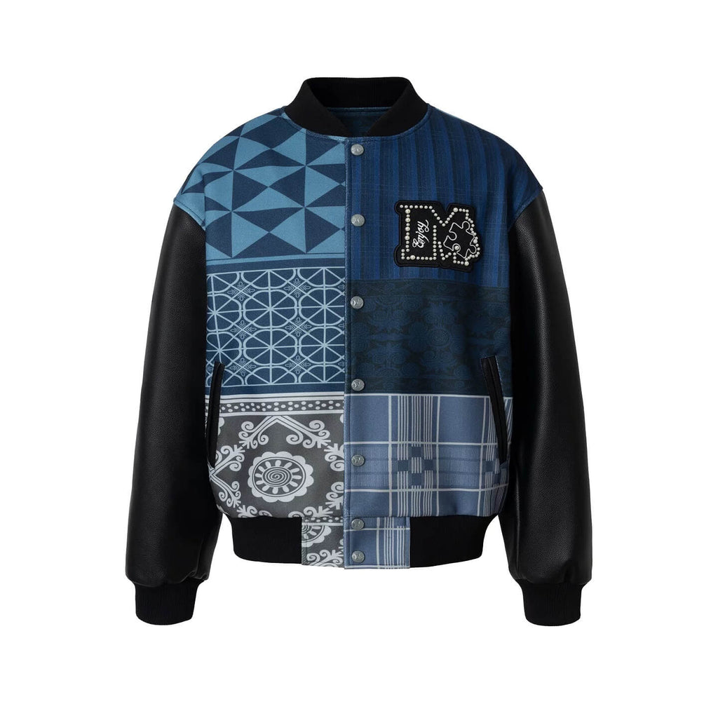 YADcrew x MEDM Patchwork Ethnic Pattern Varsity Jacket