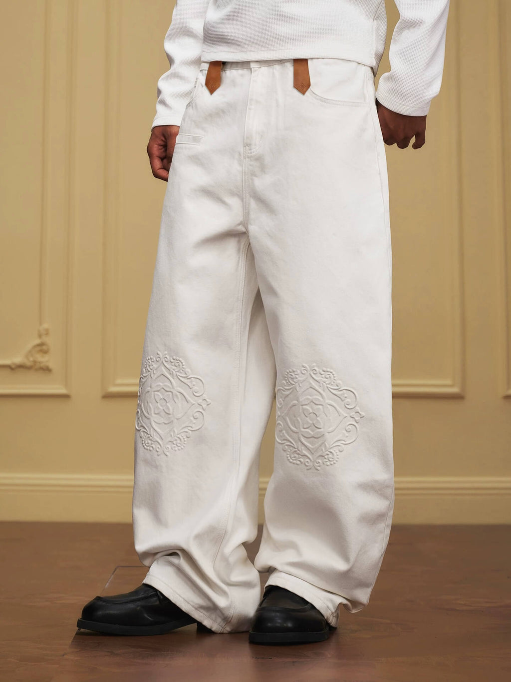 YADcrew Embossed Knee Leather Belt Loop Jeans