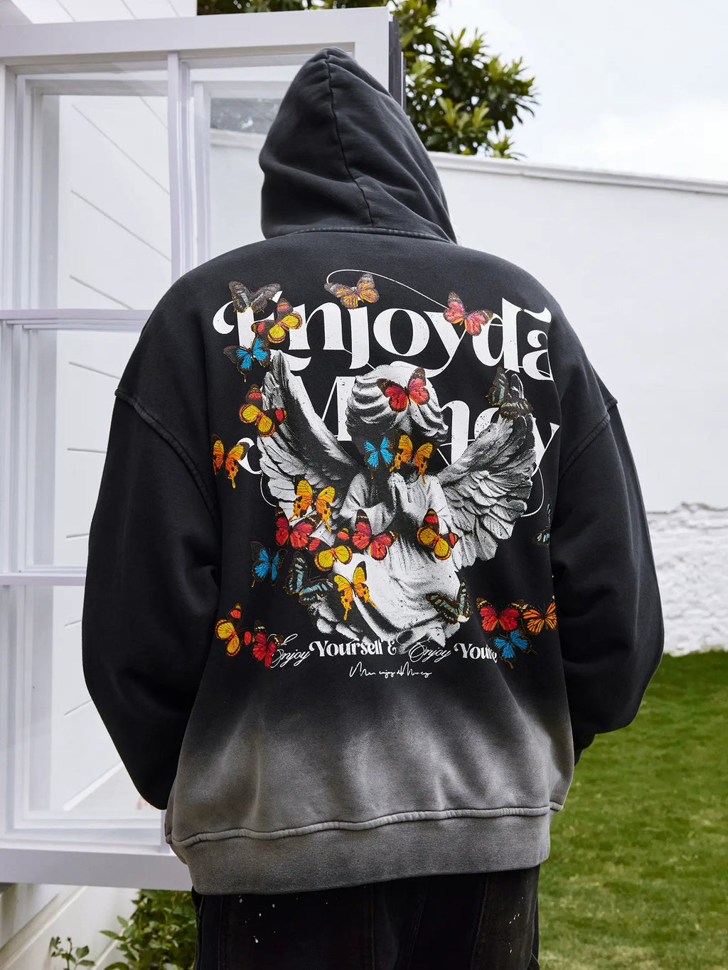 MEDM Washed Angel Butterfly Print Zip Up Hoodie