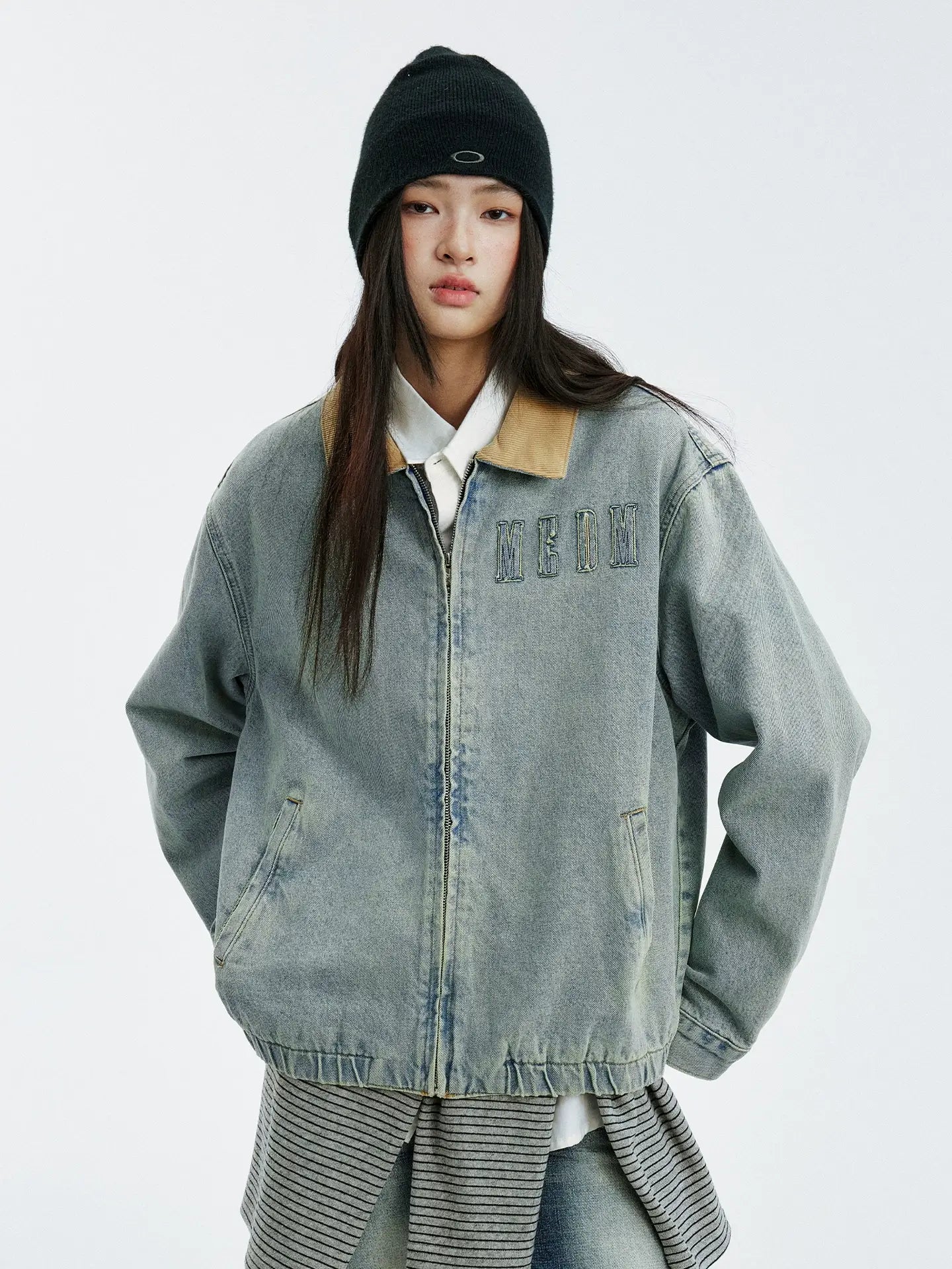 MEDM Corduroy Collar Washed Denim Jacket