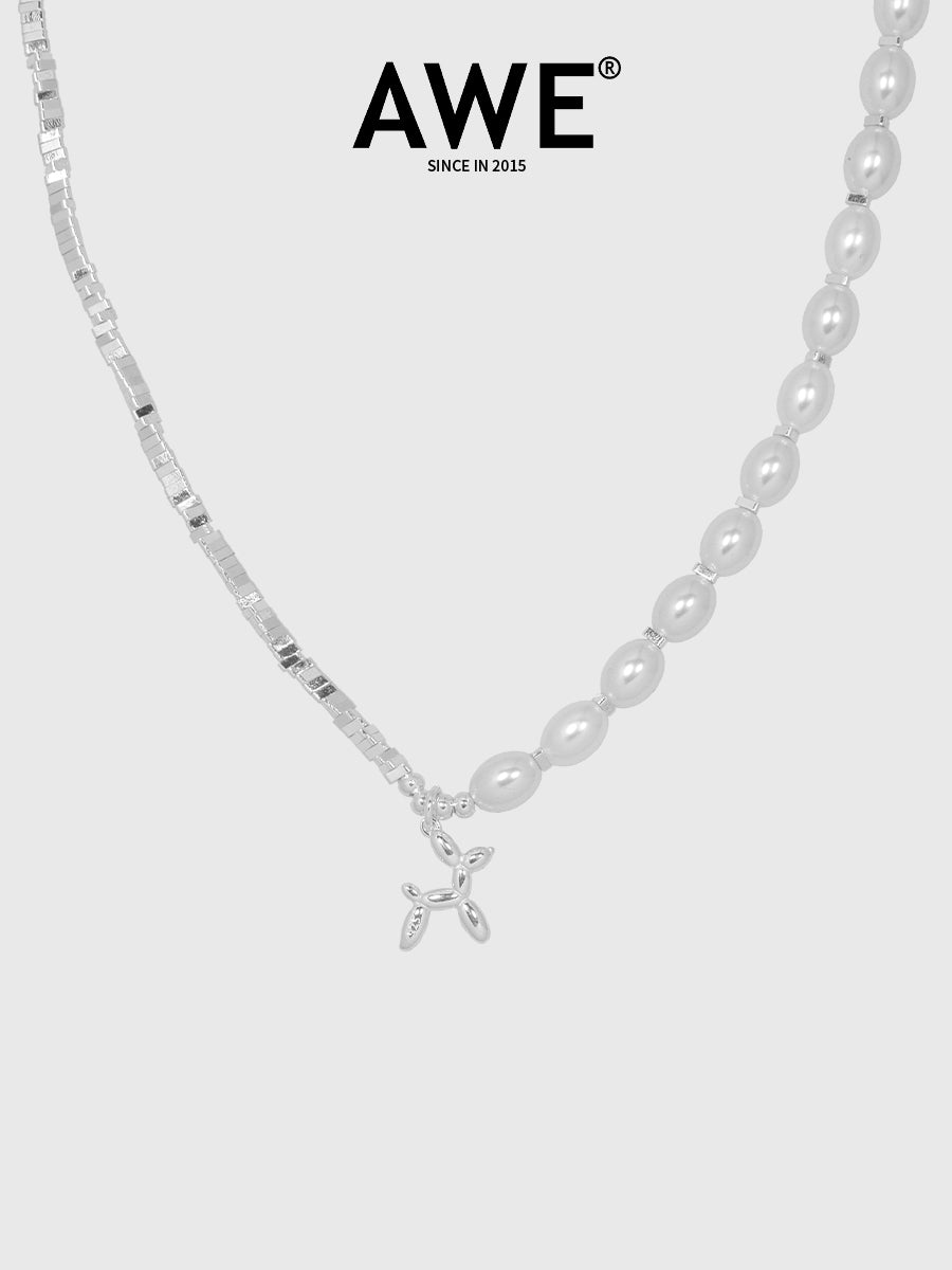 AWE Silver Pearl Balloon Dog Charm Necklace