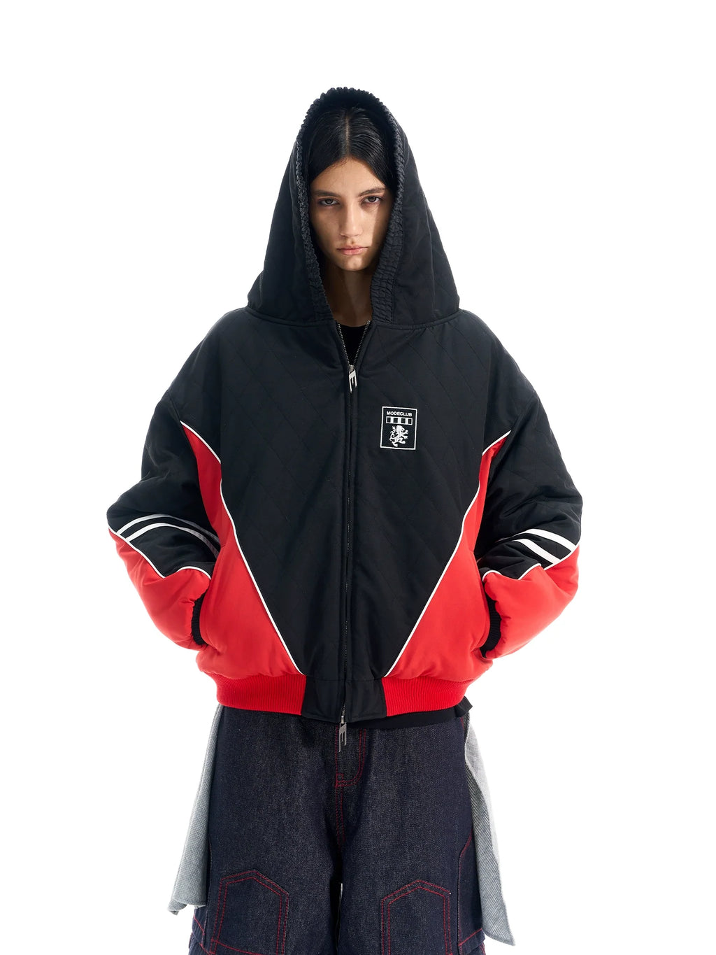 BLIND NO PLAN Quilted Color Block Hooded Bomber Jacket