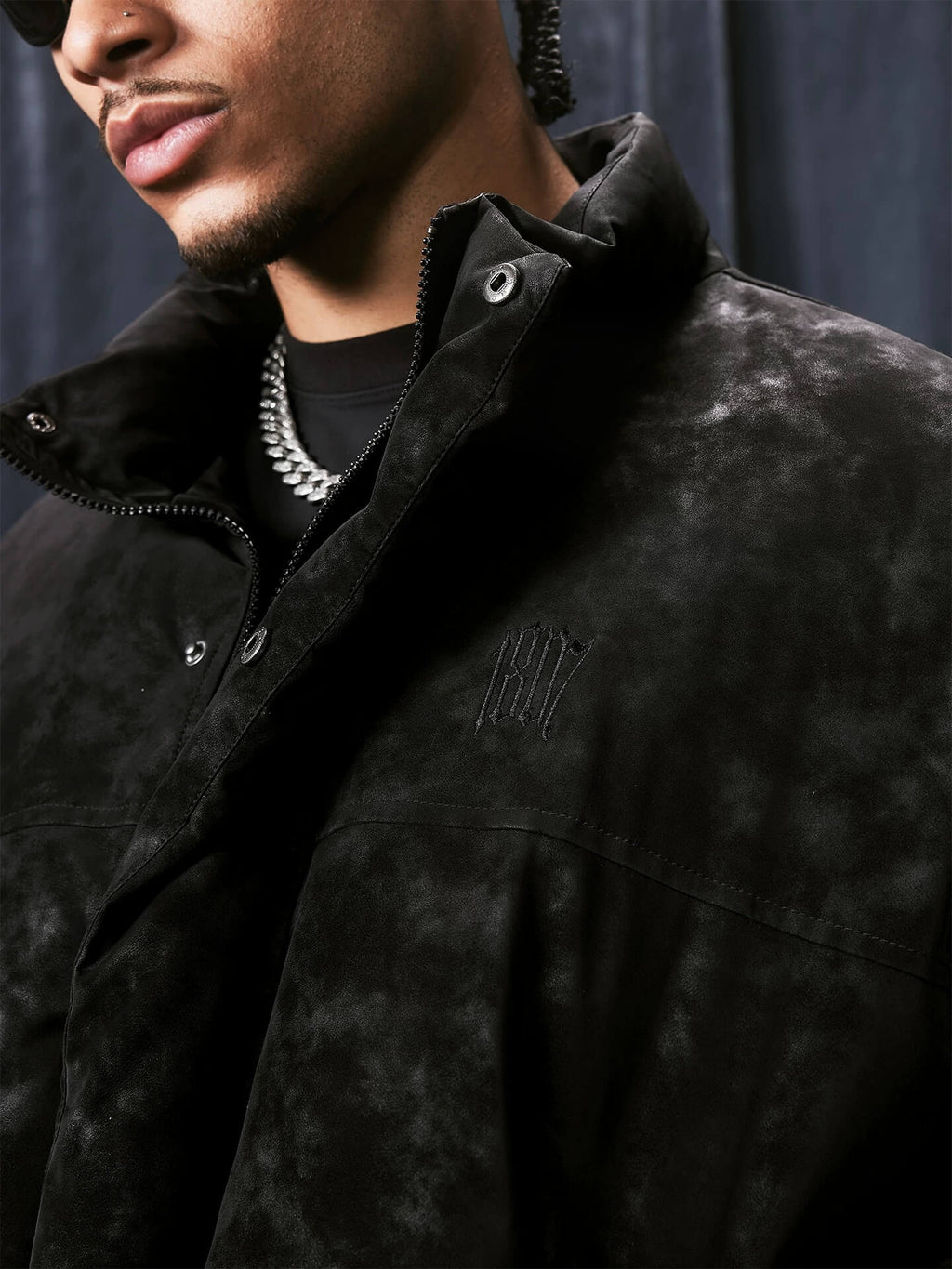 1807 Textured PU Leather Embroidered Down Jacket