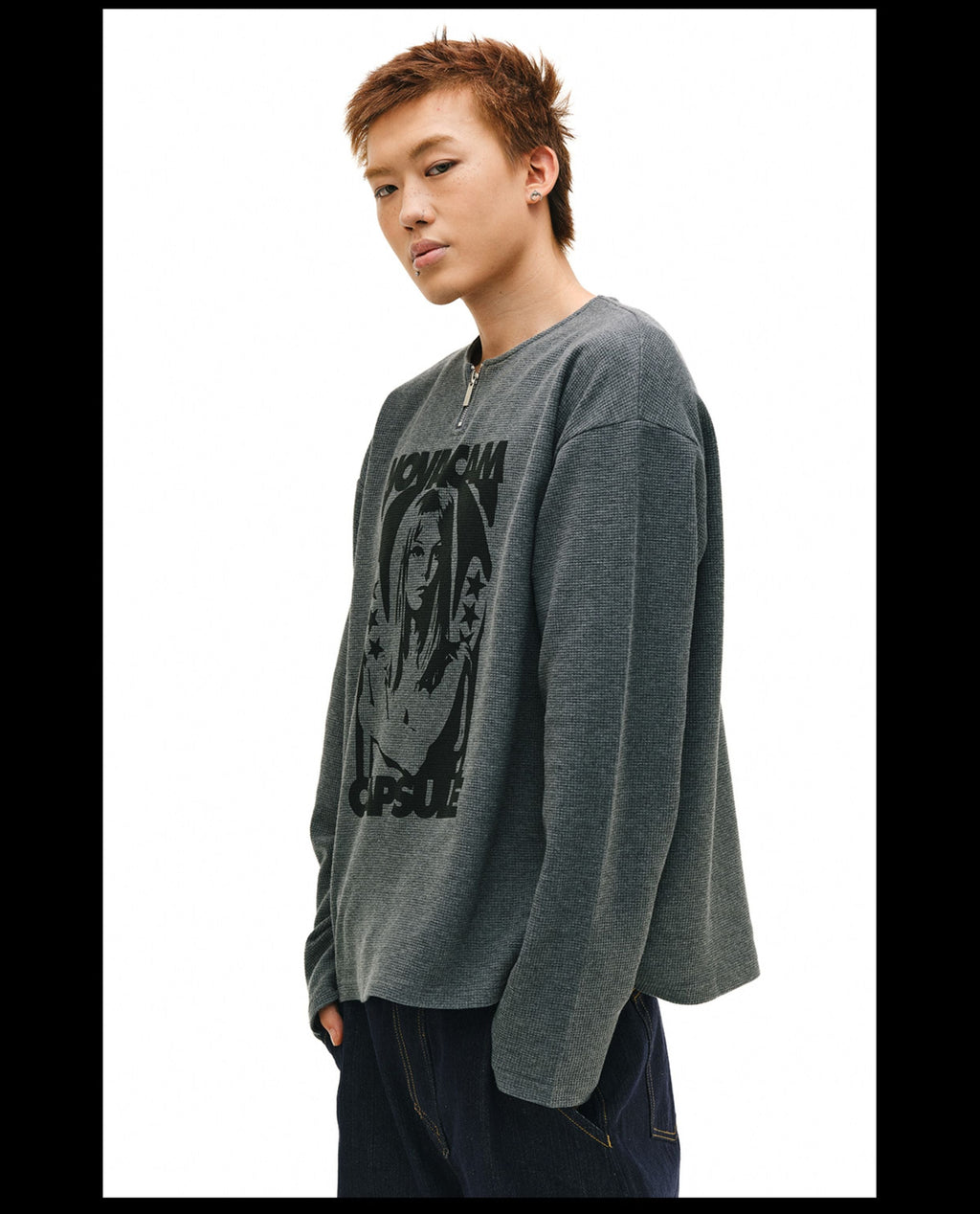 NOVACAM Waffle Vintage Print Zip Long Sleeve Tee