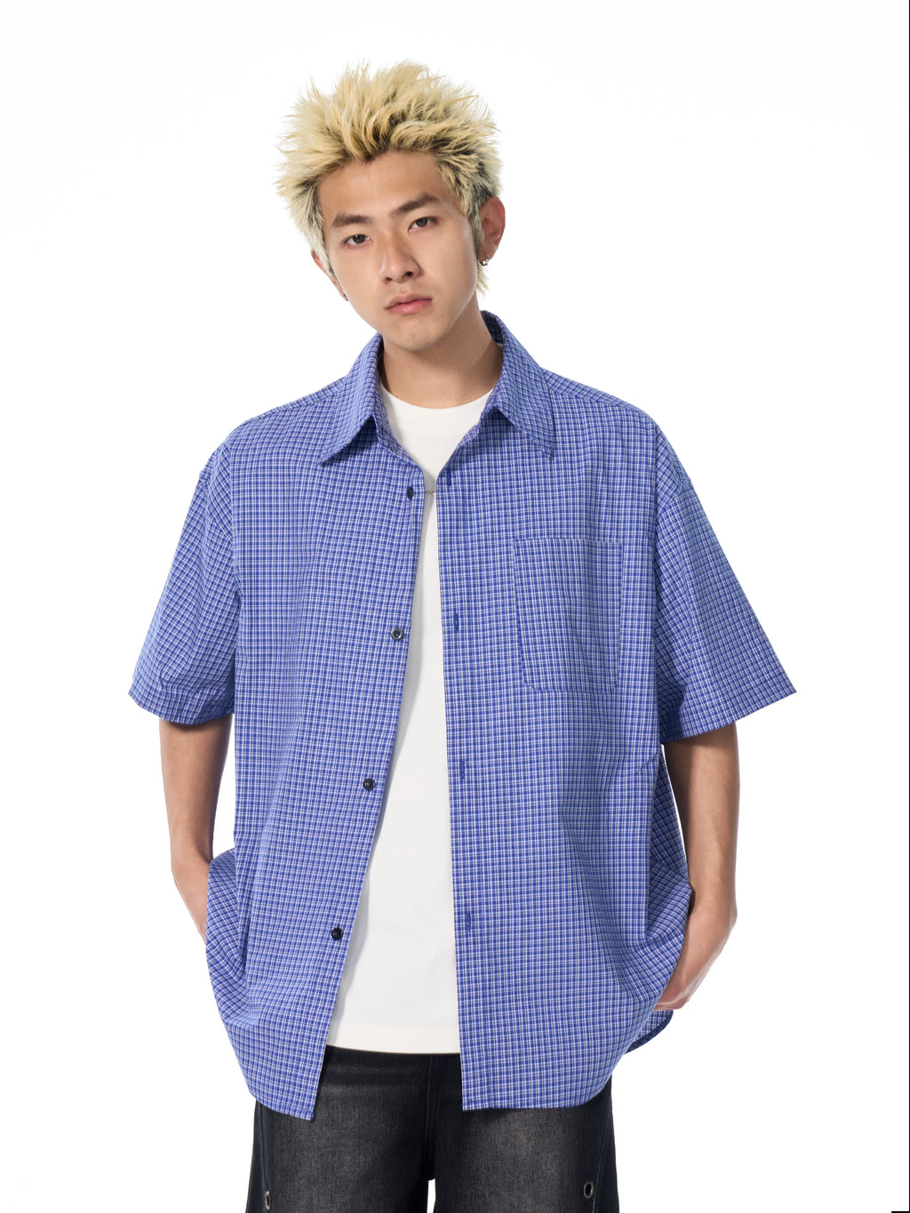 AFGK Plaid Leather Patch Short Sleeve Shirt