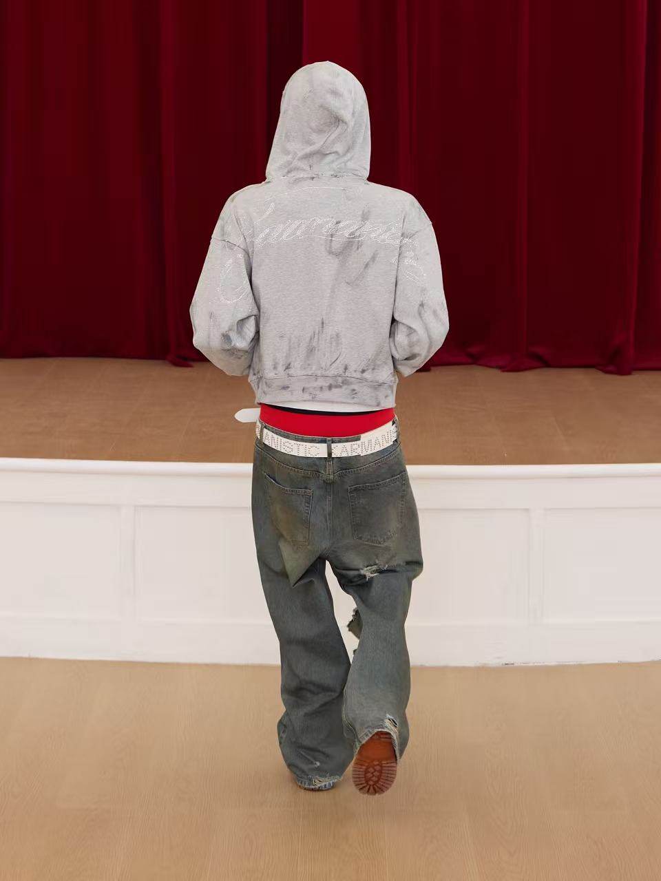 KARMANISTIC Rhinestone Logo Dirty Dye Zip Up Hoodie