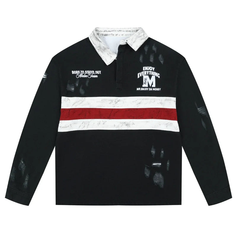 MEDM Asymmetric Collar Stripes Long Sleeve Polo