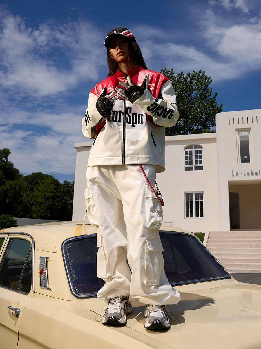 Harsh and Cruel Stand Collar Embroidered Racing Leather Jacket
