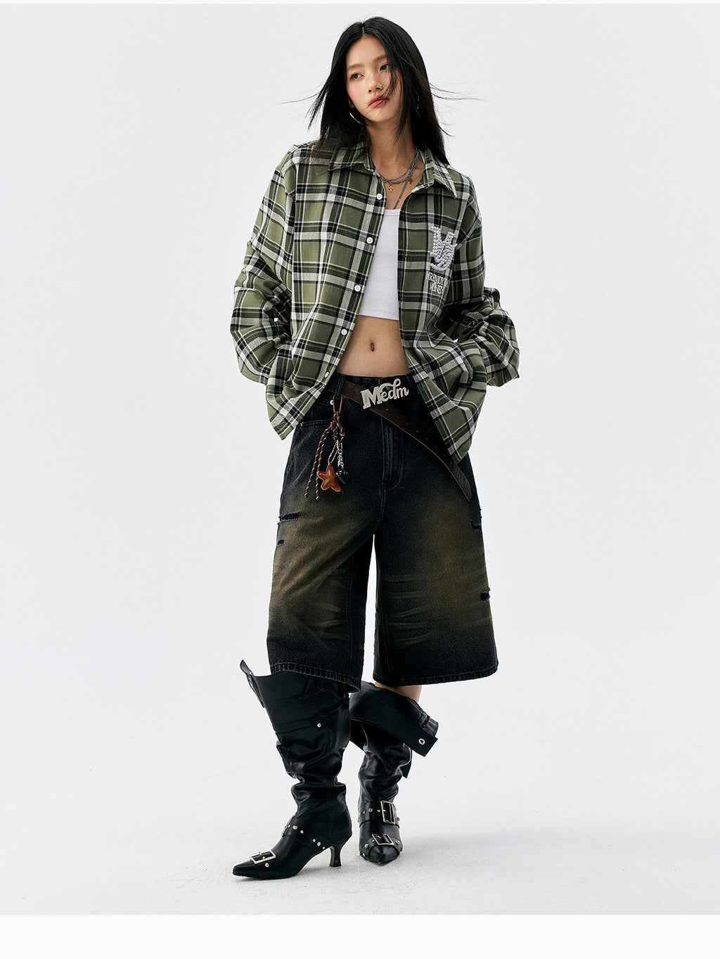 MEDM Green Pearl Embroidery Plaid Long Sleeve Shirt