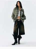 MEDM Green Pearl Embroidery Plaid Long Sleeve Shirt
