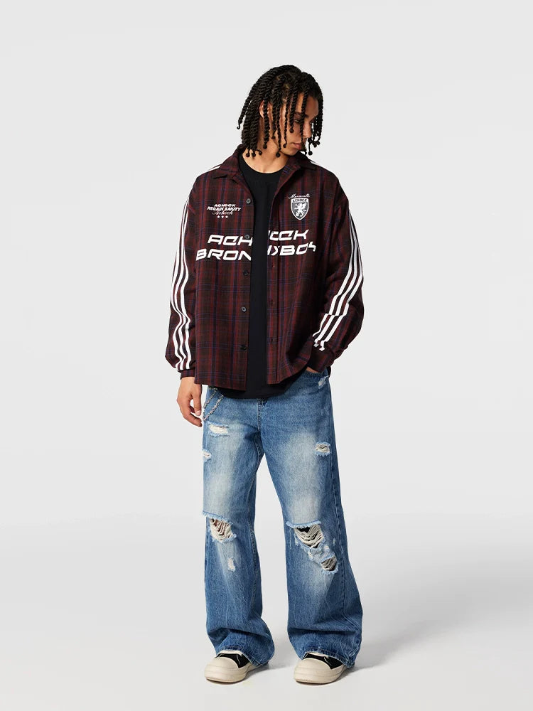 Achock Striped Patchwork Plaid Long Sleeved Shirt