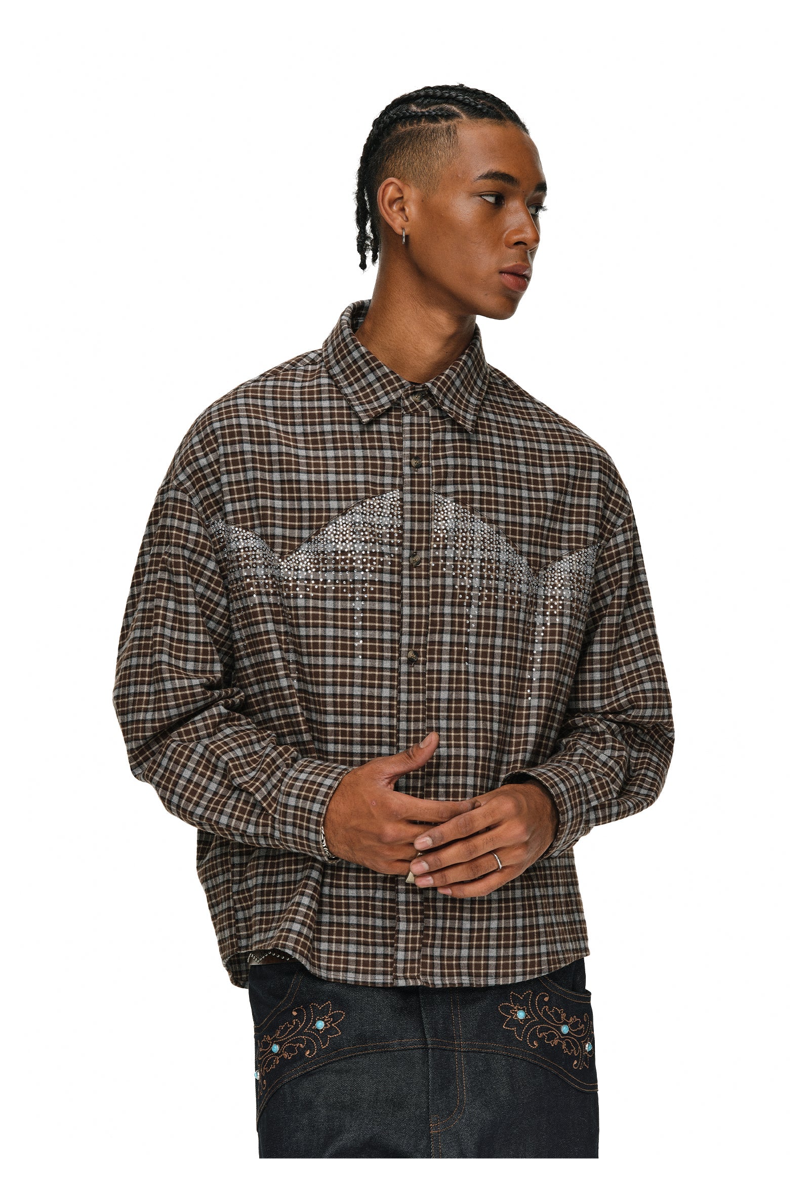 ANTIDOTE Rhinestone Flannel Plaid Long Sleeve Shirt
