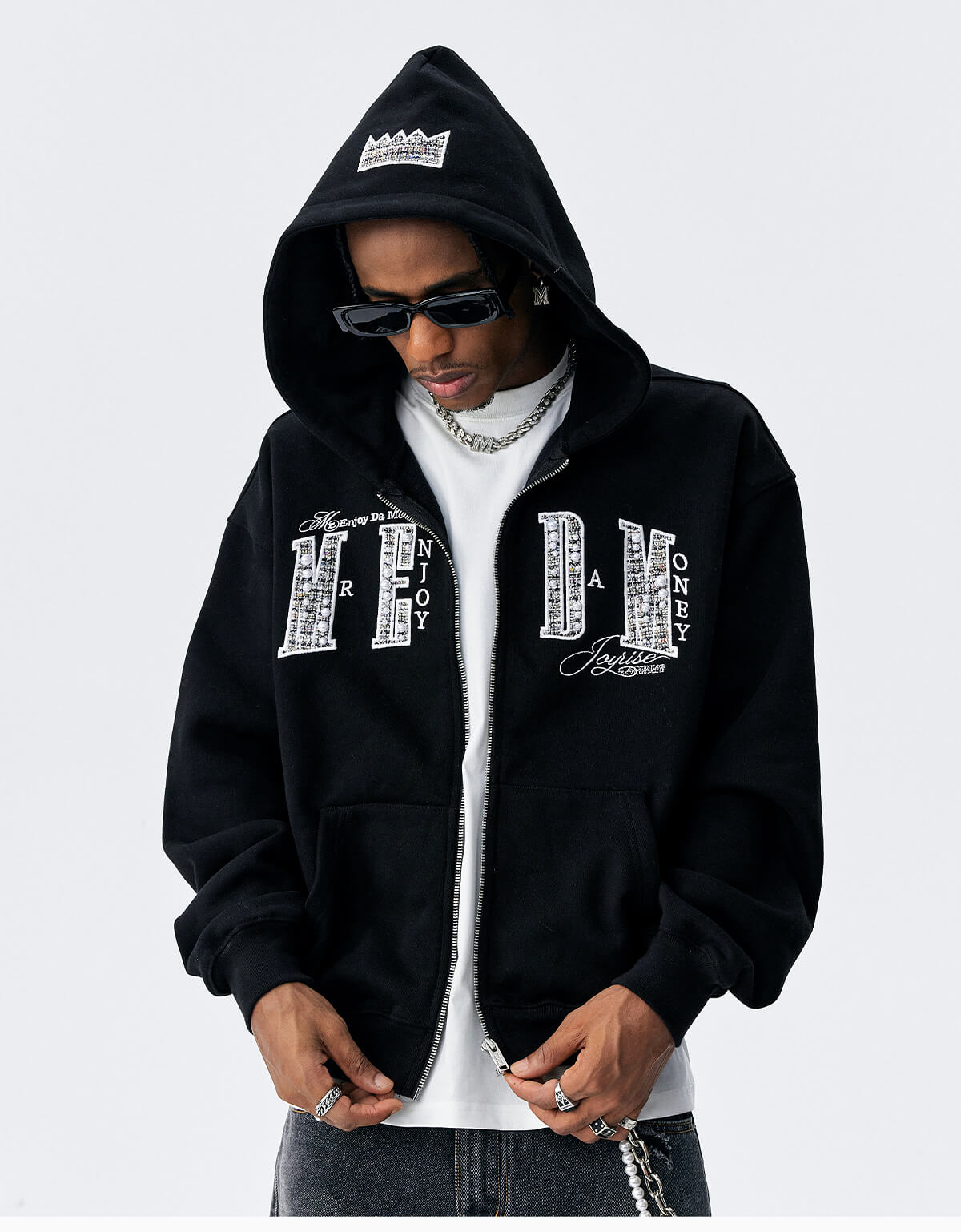 MEDM Pearl Logo Embellished Zip Up Hoodie