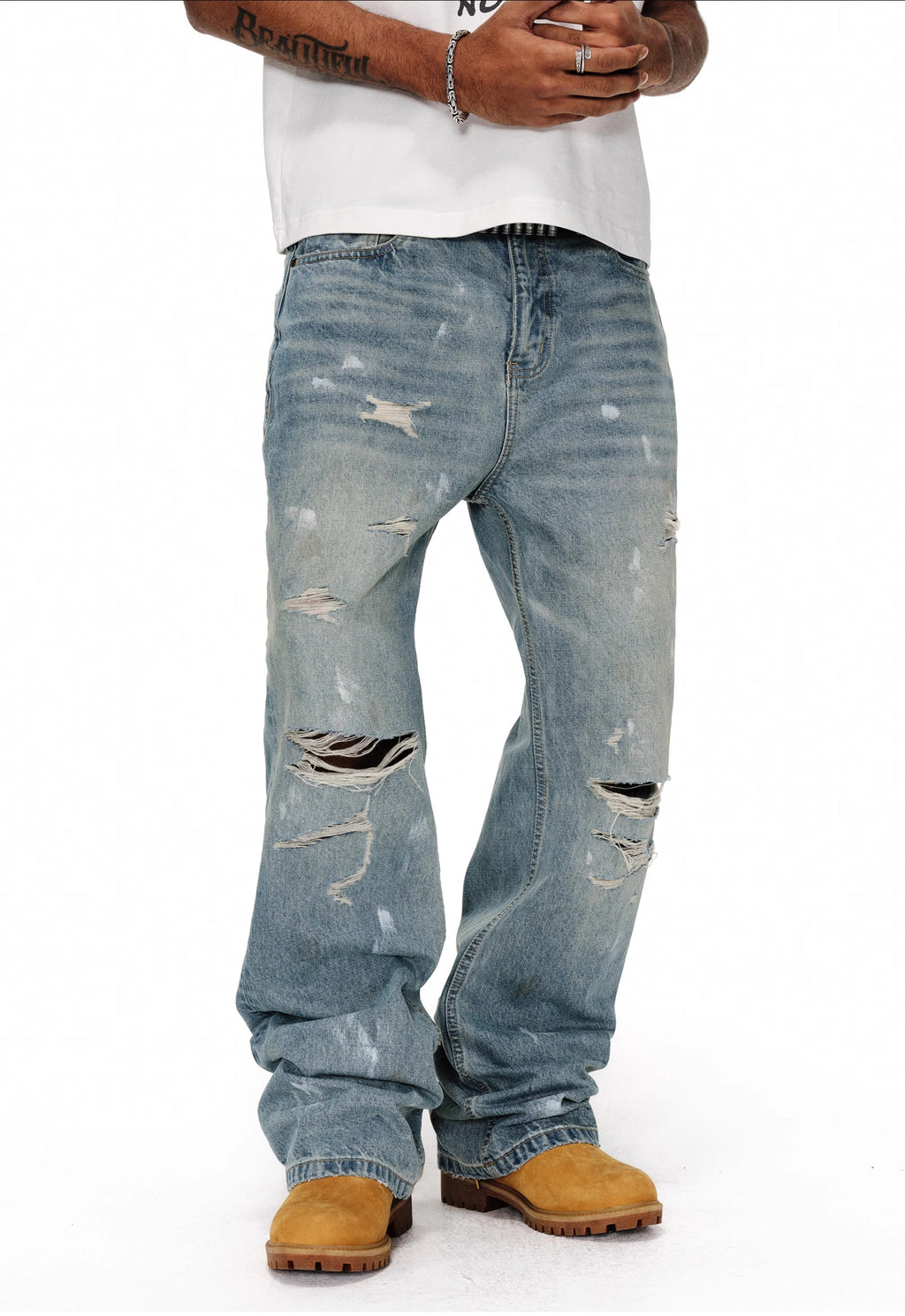 ANTIDOTE Washed Ripped Holes Light Blue Flared Jeans