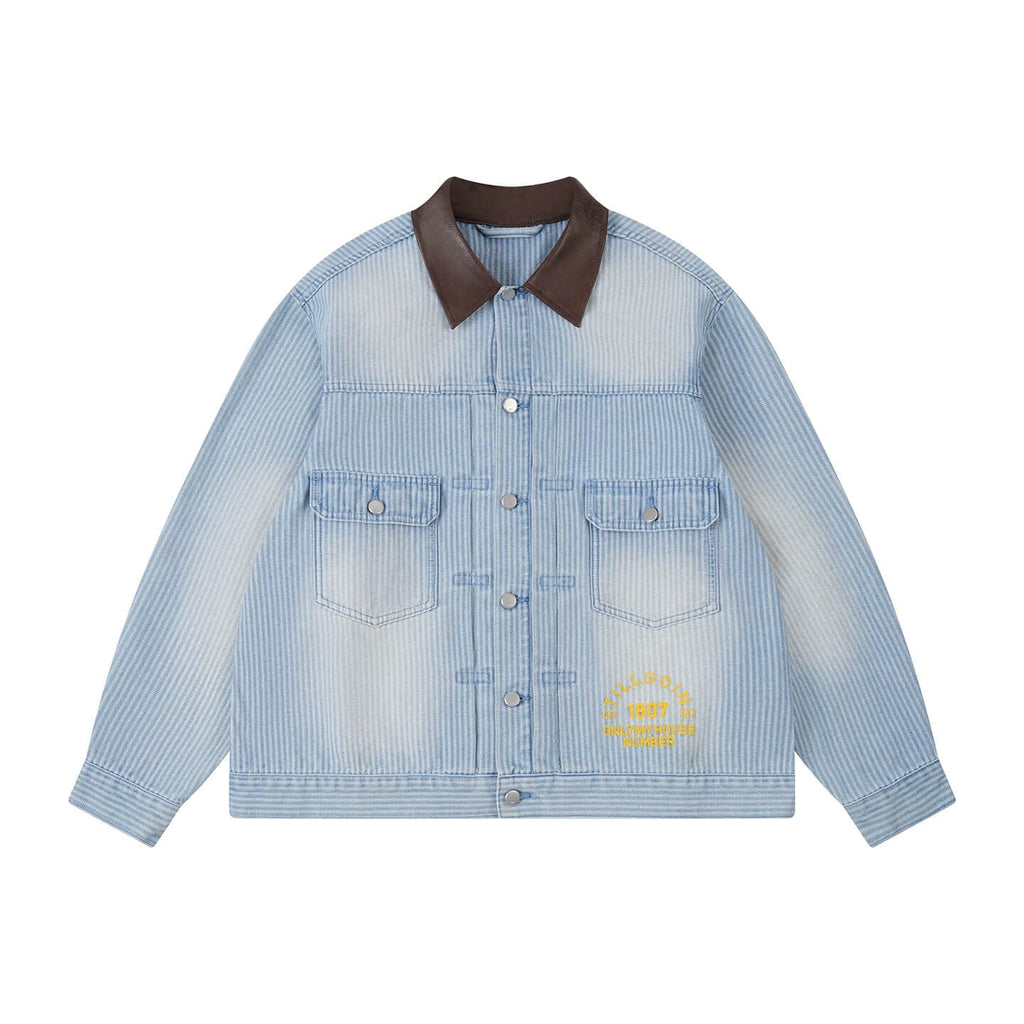 1807 Chain Stitch Embroidered Striped Washed Denim Jacket