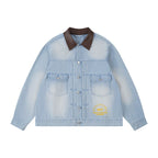 1807 Chain Stitch Embroidered Striped Washed Denim Jacket