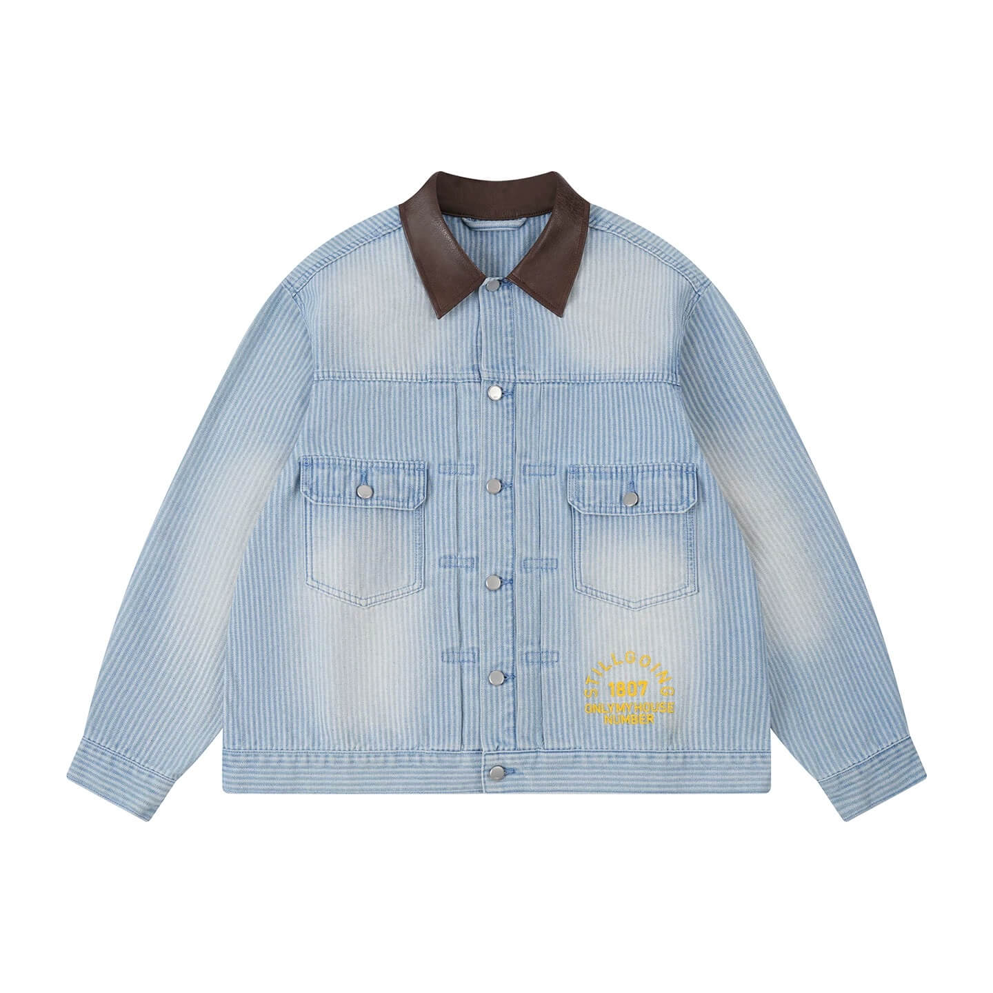 1807 Chain Stitch Embroidered Striped Washed Denim Jacket