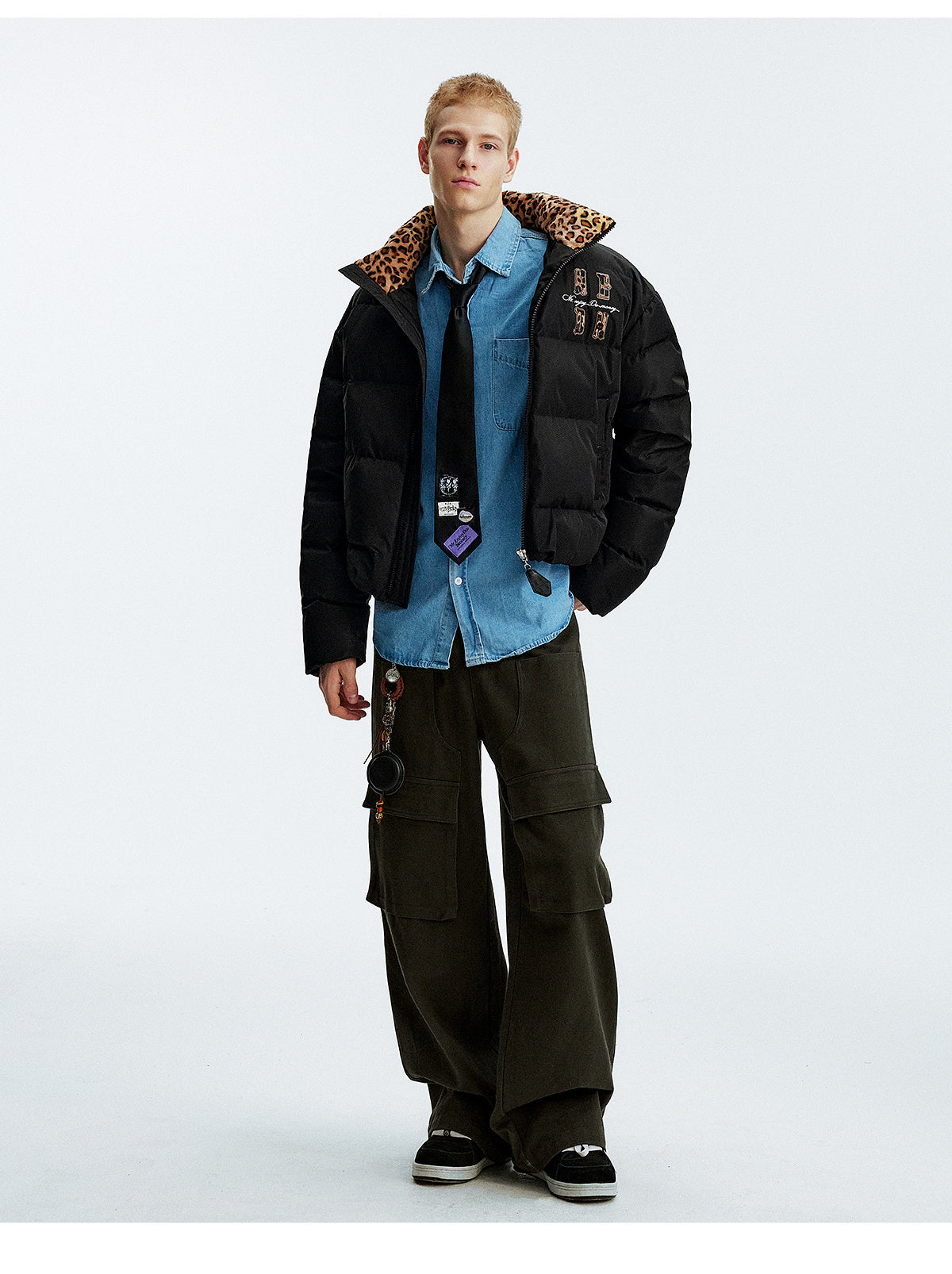 MEDM Leopard Collar Logo Patch Down Jacket