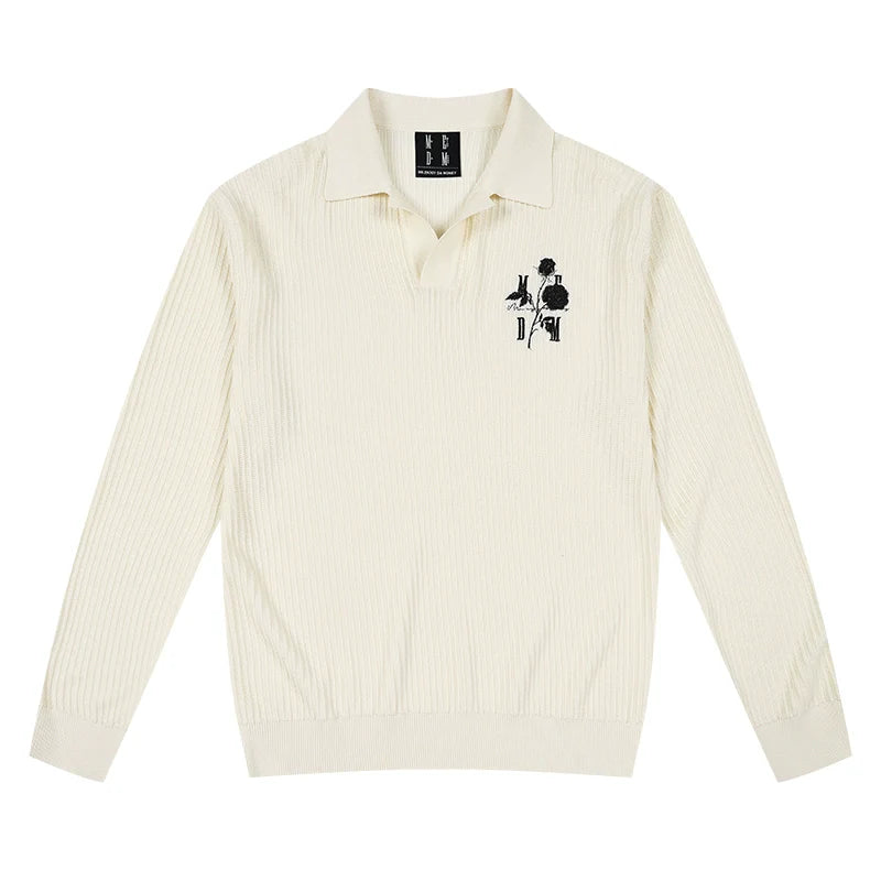 MEDM Rose Embroidered Textured Stripe Knit Long Sleeve Polo