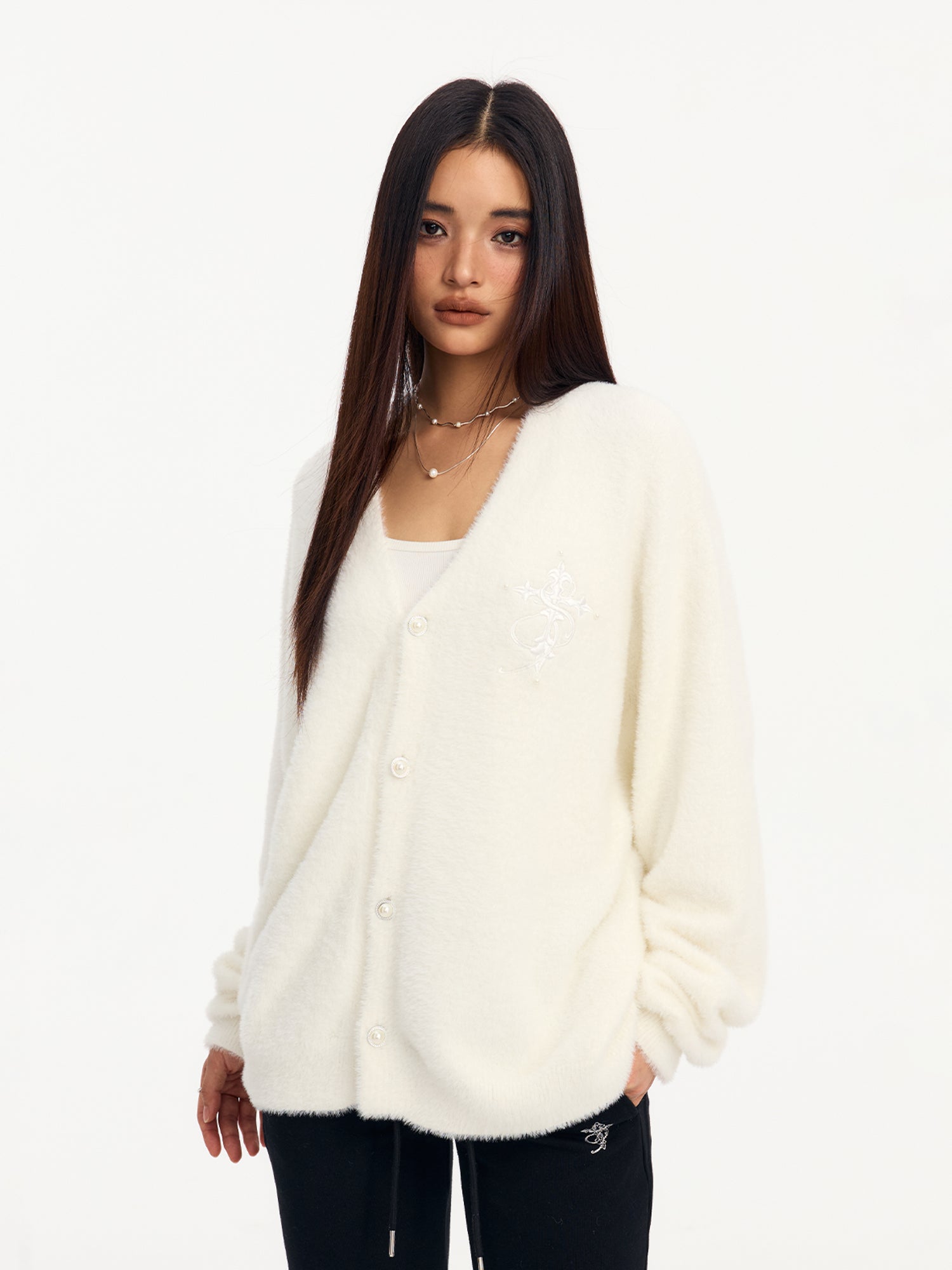 Small Town Kid Imitation Mink Pearl Button Knit Cardigan