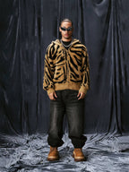 1807 Tiger Striped Faux Mink Fur Knit Zip Up Hoodie