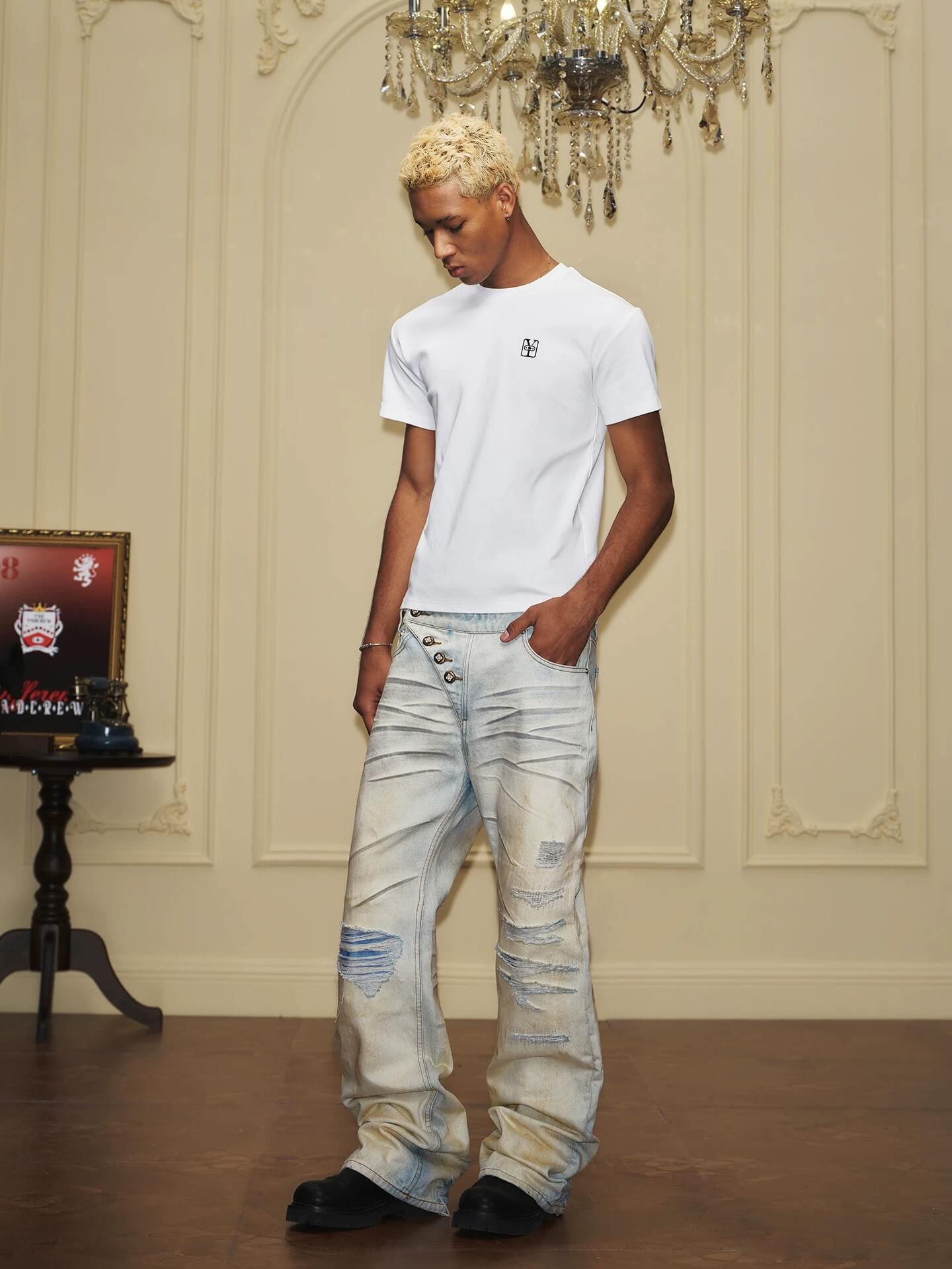 YADcrew Heavy Wash Distressed Cross Motif Button Jeans