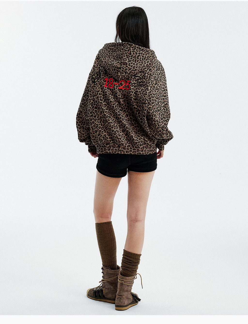 MEDM Embroidered Leopard Zip Up Hooded Jacket