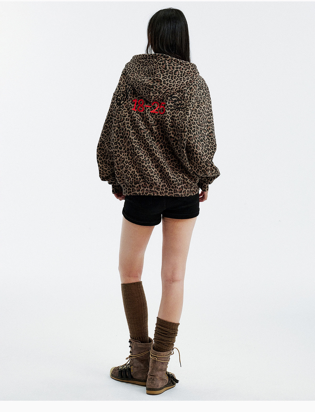 MEDM Embroidered Leopard Zip Up Hooded Jacket