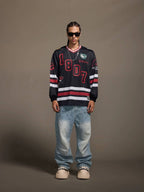 1807 Print Patch V Neck Mesh Long Sleeve Hockey Jersey