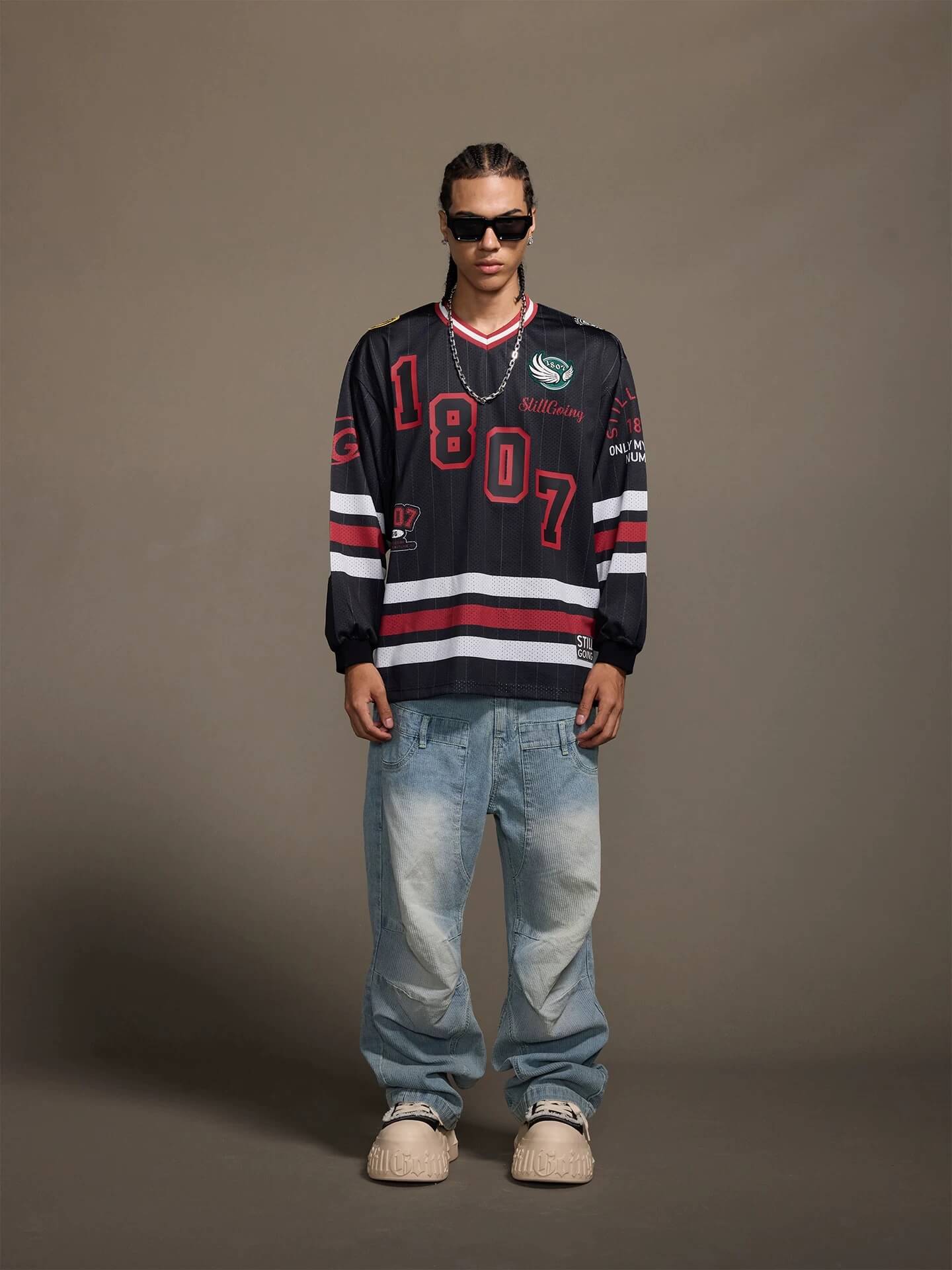 1807 Print Patch V Neck Mesh Long Sleeve Hockey Jersey