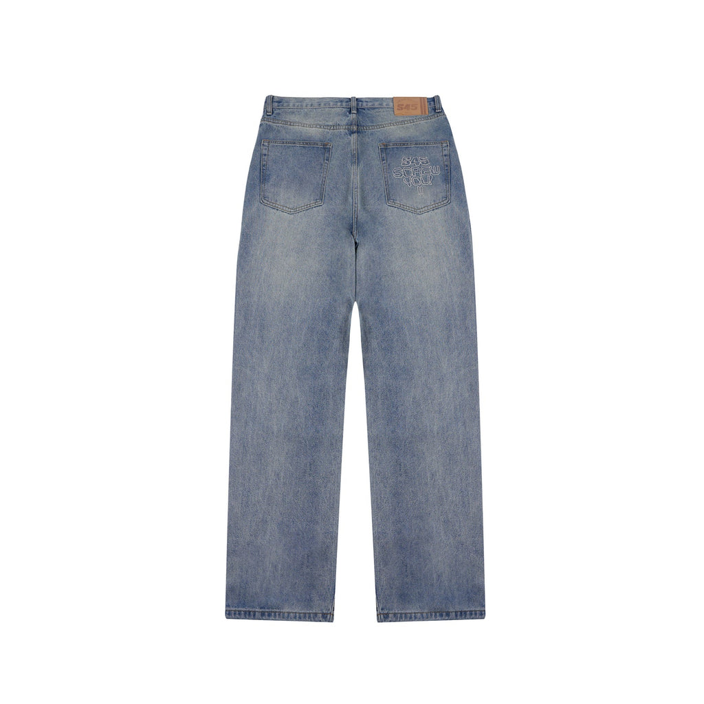 S45 White Embroidered Washed Old Jeans