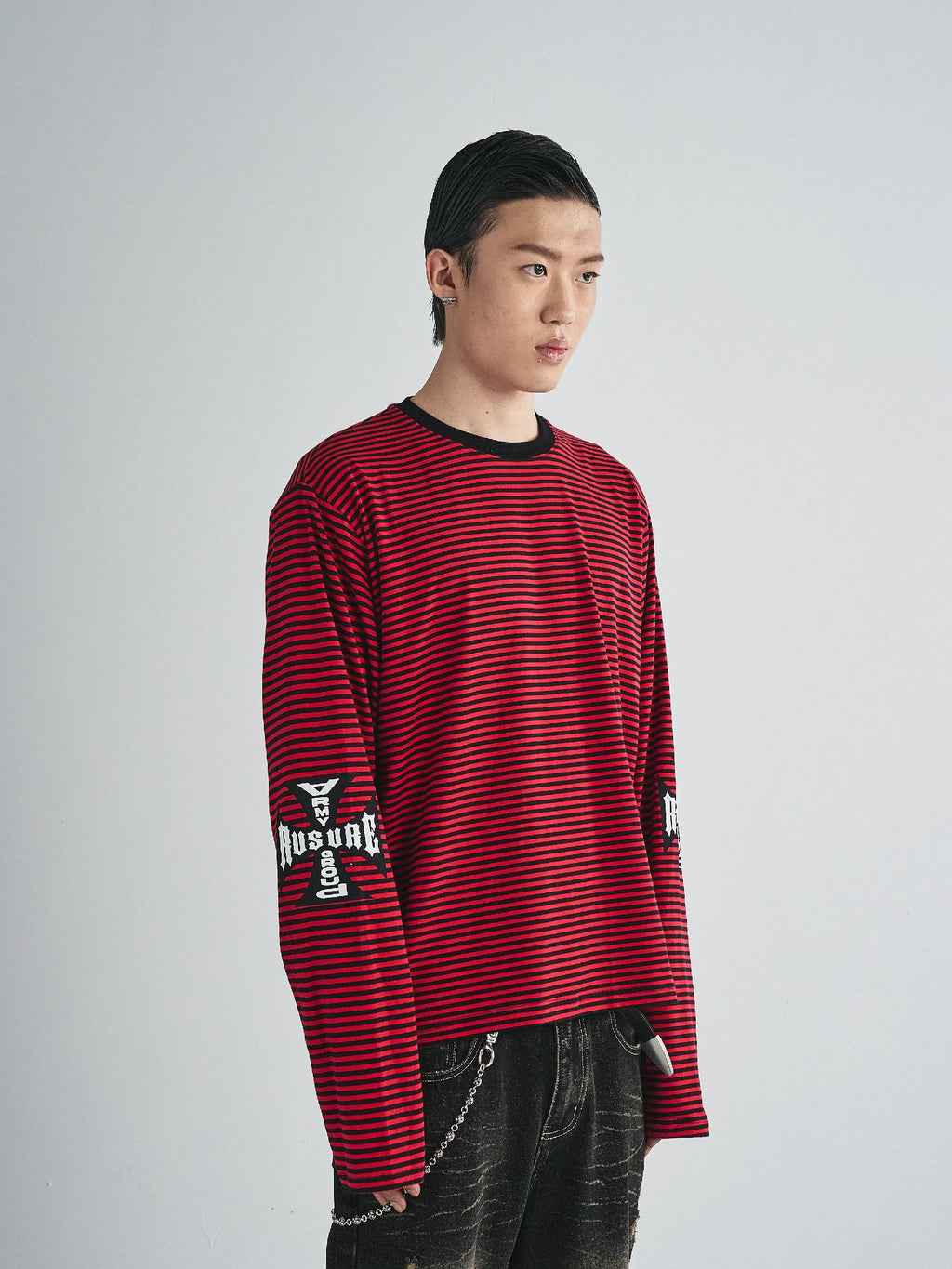 RUSURE Striped Cross Logo Print Long Sleeve Tee