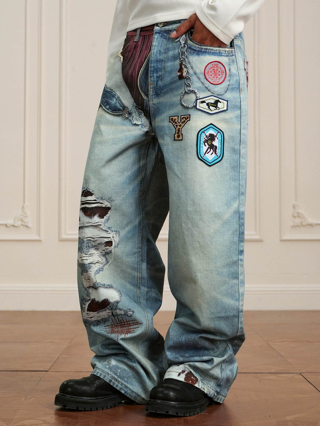 YADcrew 3D Digital Print Patch Embroidered Jeans