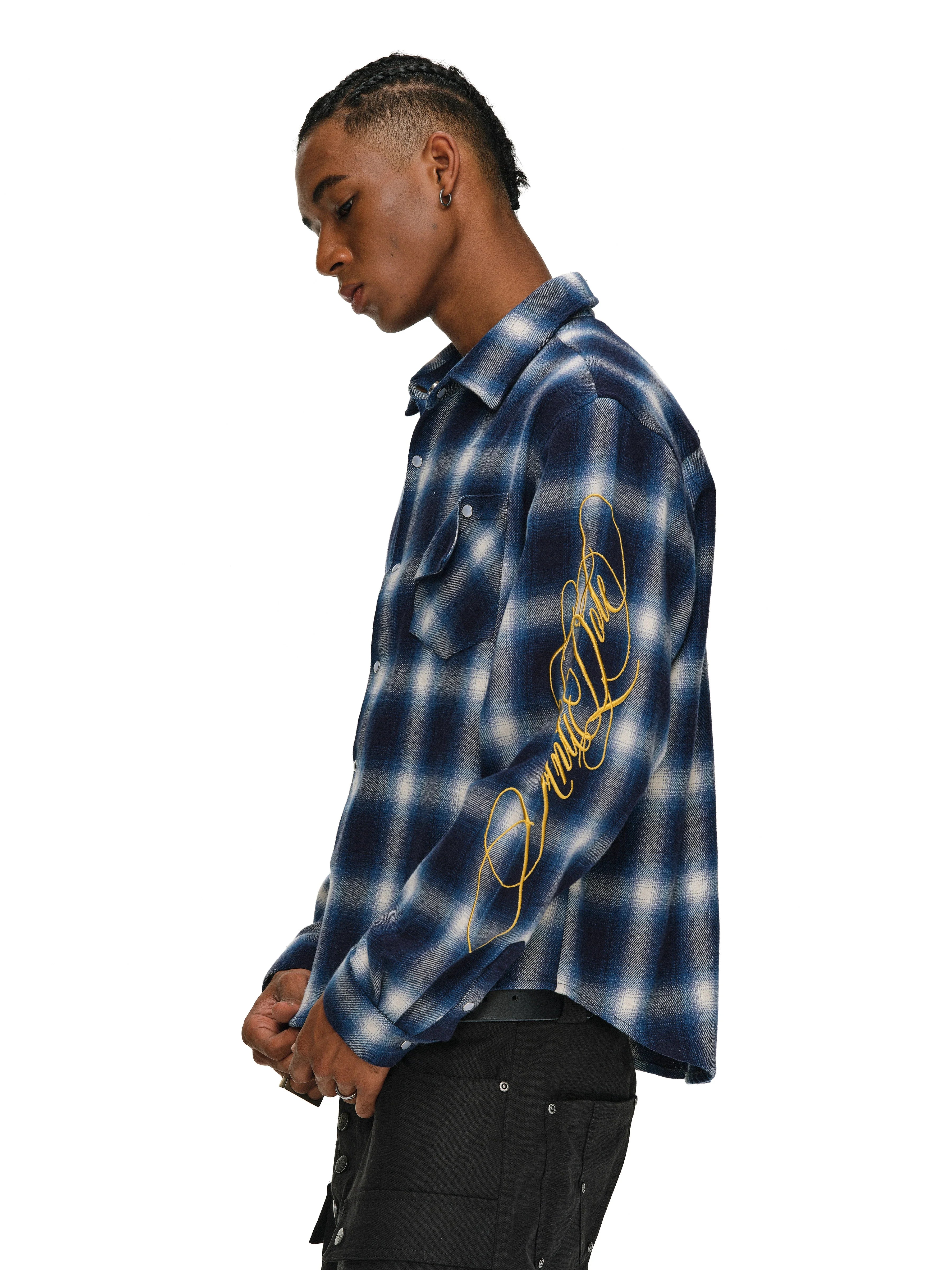ANTIDOTE Embroidered Flannel Plaid Long Sleeve Shirt