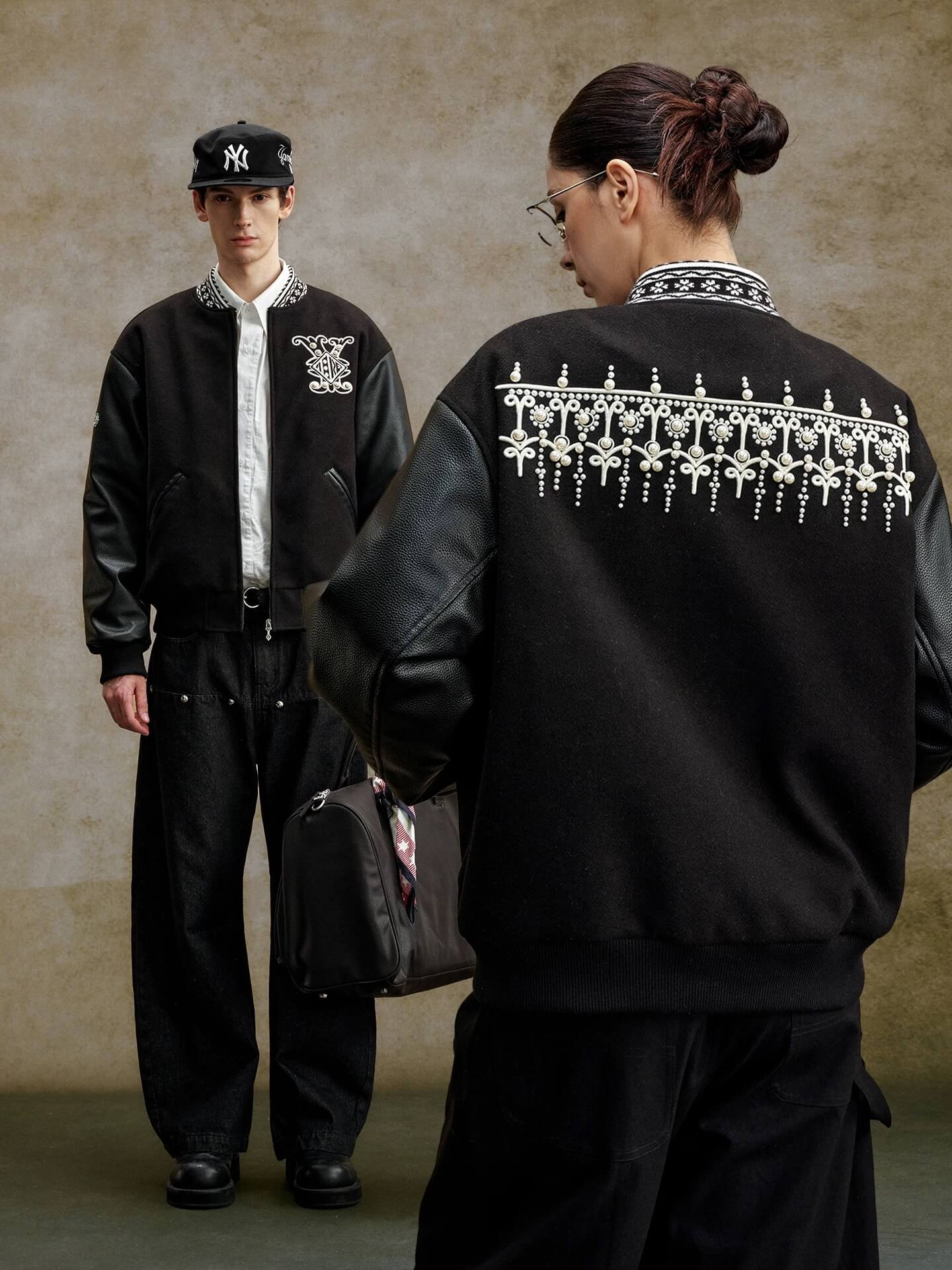 YADcrew 3D Embroidered Pearl Varsity Jacket