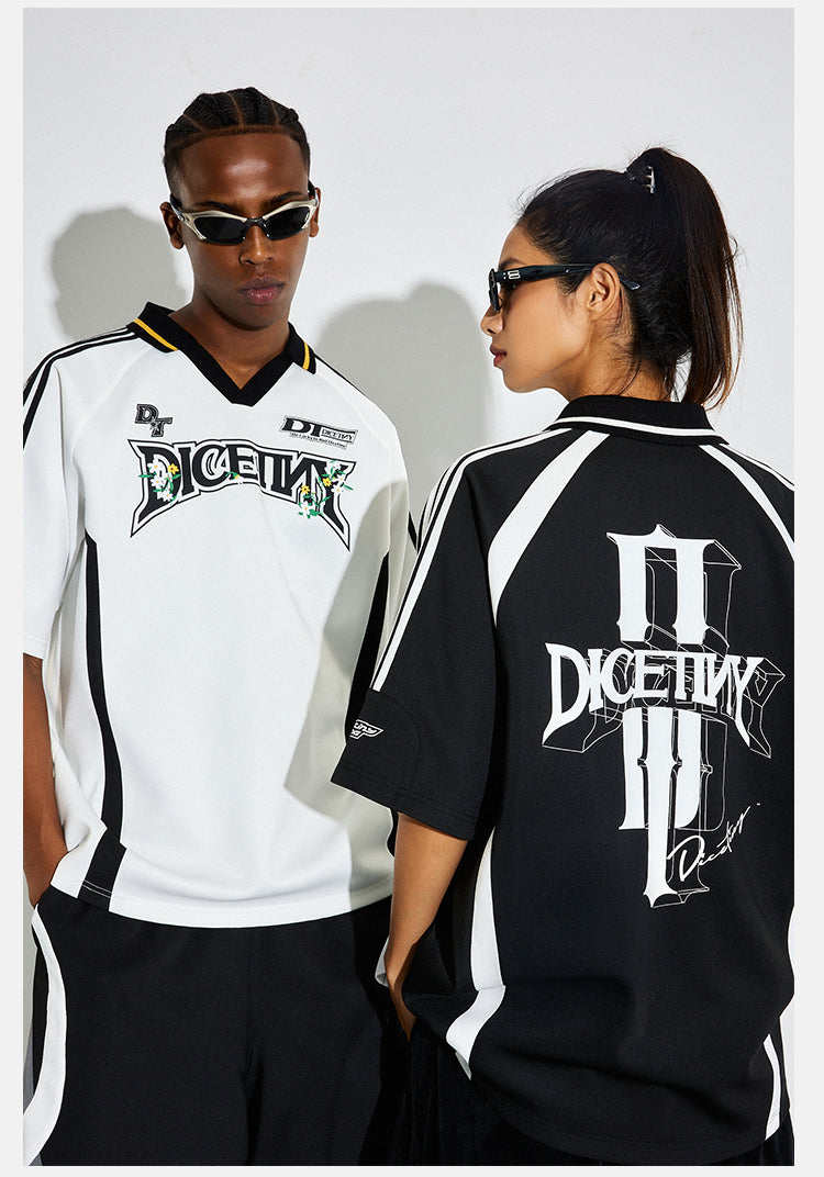 DICETINY Floral Logo Print Soccer Jersey Polo Shirt