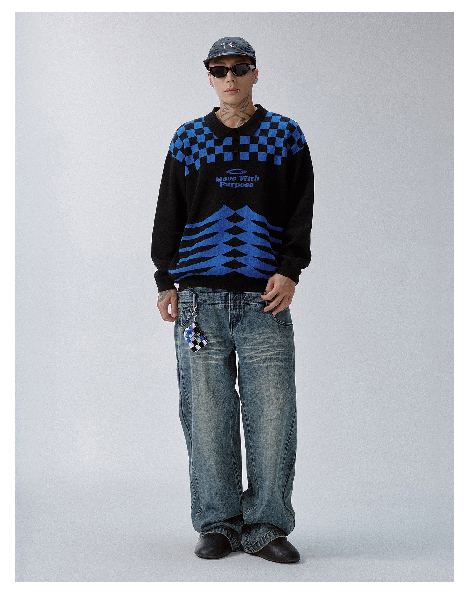 F2CE Checkerboard Pattern Polo Knit Sweater