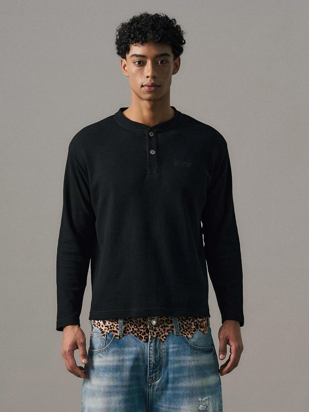 S45 Waffle Henley Neck Long Sleeve Tee