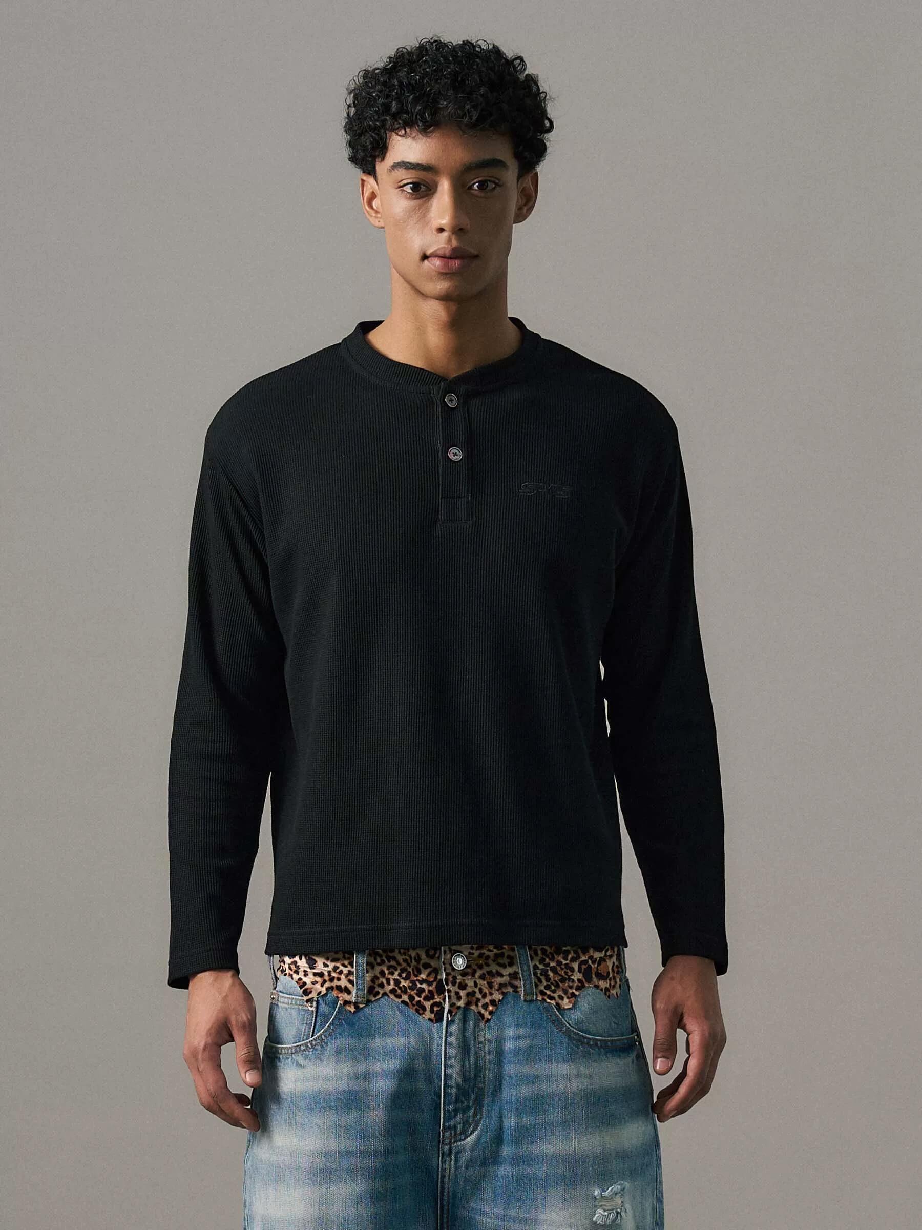 S45 Waffle Henley Neck Long Sleeve Tee
