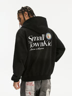 Small Town Kid Washed Badge Letter Printed Zip-Up Hoodie
