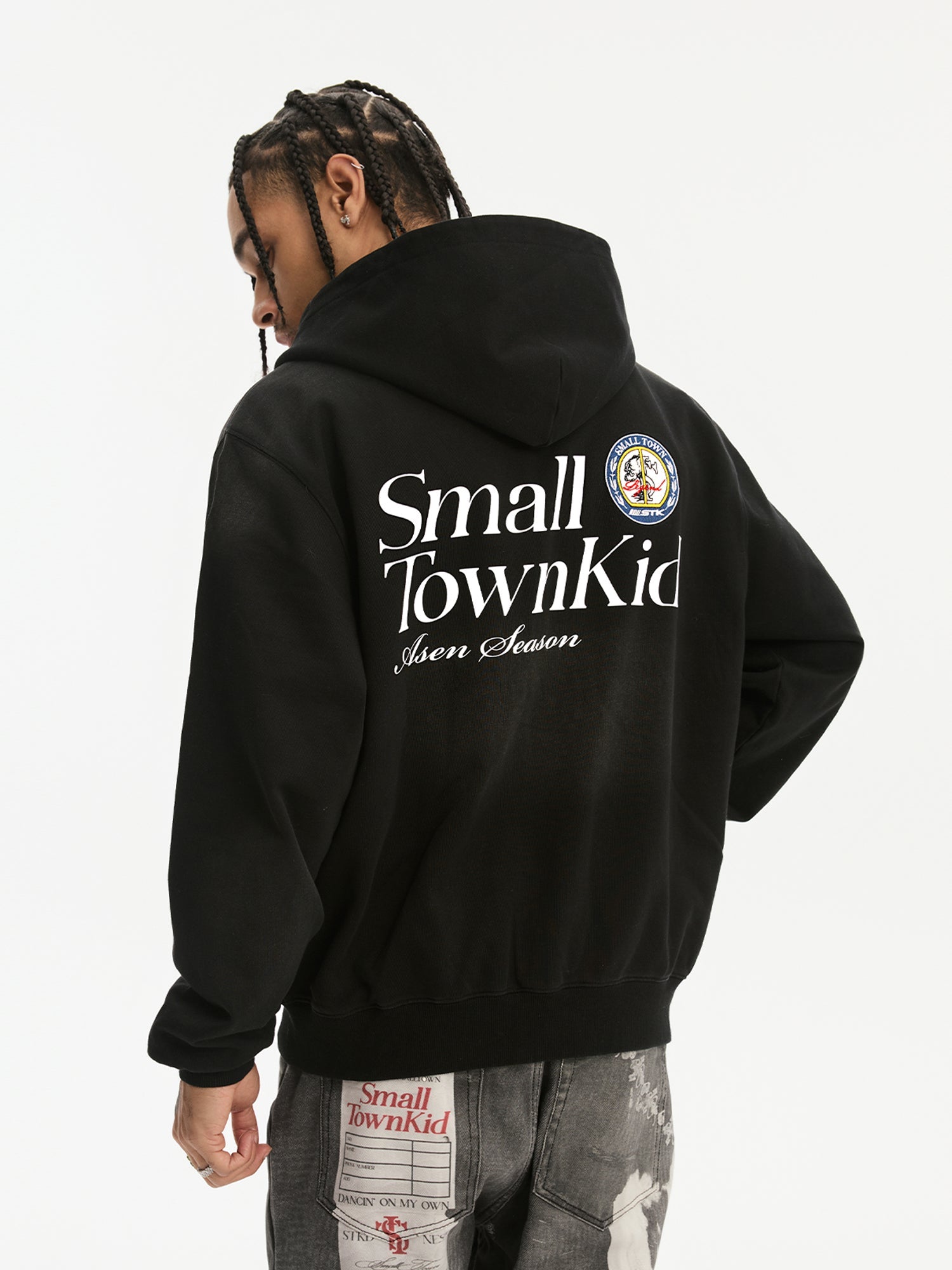 Small Town Kid Washed Badge Letter Printed Zip-Up Hoodie