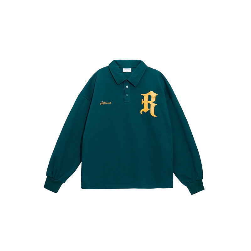 UNTILWERICH Patchwork Leather Embroidery Long Sleeve Polo