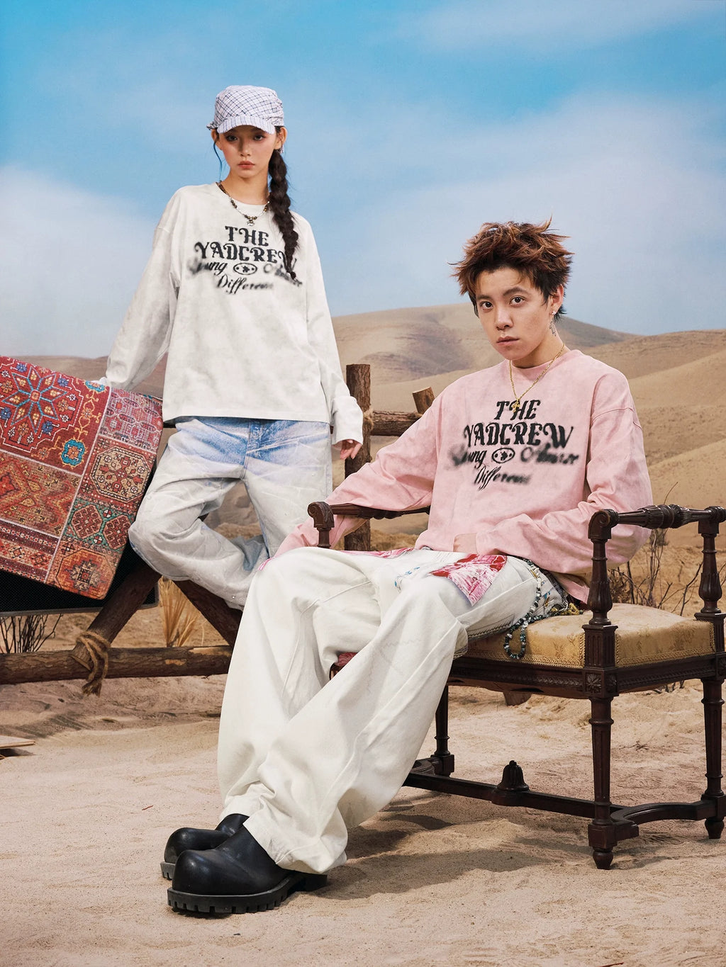 YADcrew Washed Ink Dyed Print Long Sleeve Tee