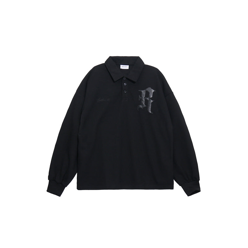 UNTILWERICH Patchwork Leather Embroidery Long Sleeve Polo