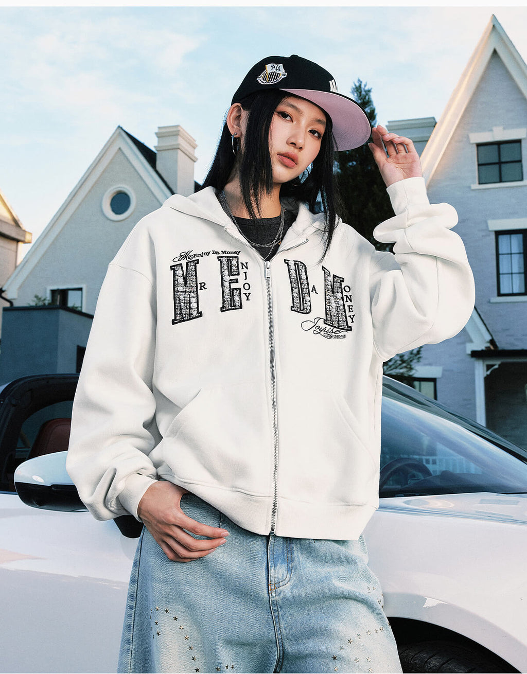MEDM Pearl Logo Embellished Zip Up Hoodie